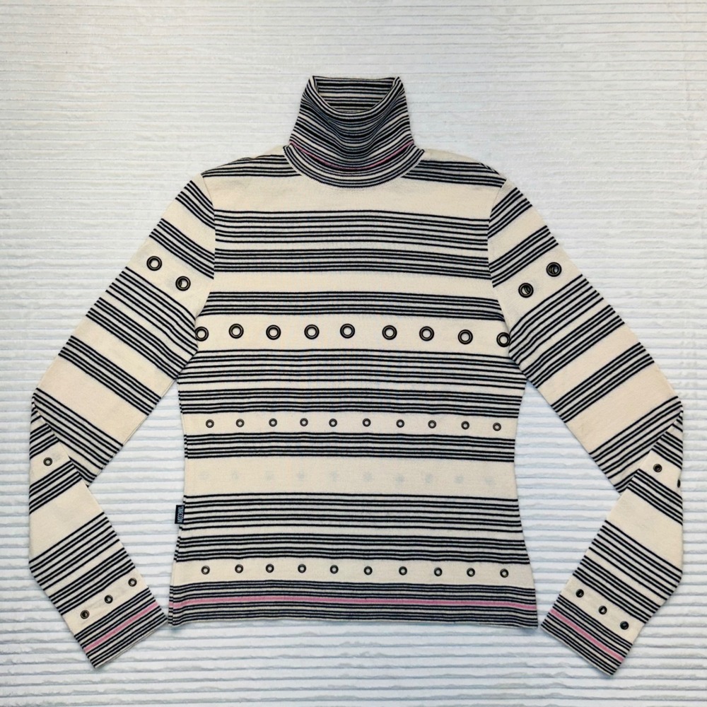 90's Moschino Jeans Cream & Black Striped Turtleneck with Grommets Sweater